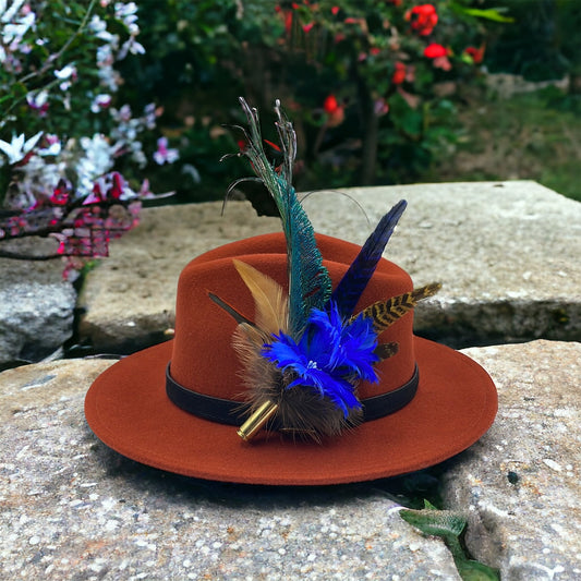 Royal Blue, Peacock & Natural Feather Hat Pin (CFP415)