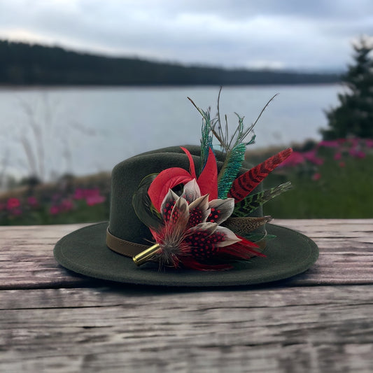 Red, Peacock & Green Feather Hat Pin (CFP410)
