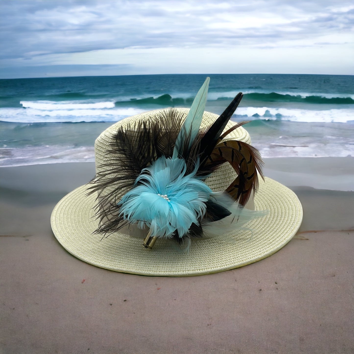 Aqua & Natural Feather Hat Pin (CFP189)