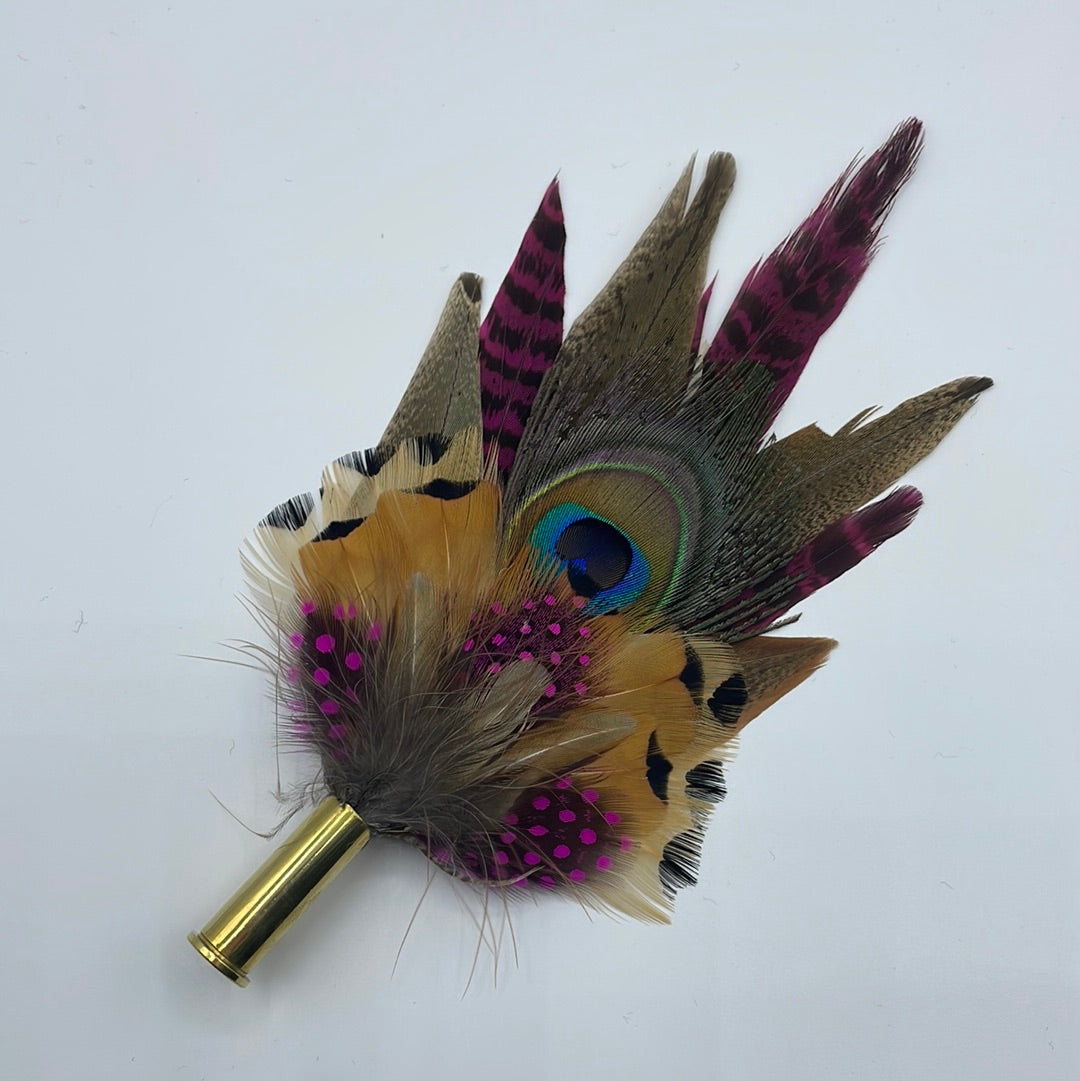 Peacock, Cerise, Black & Natural Feather Pin (CFP461)