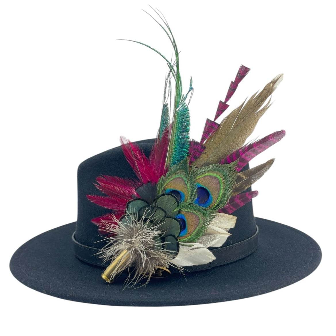Cerise Pink, Wine, Teal & Natural Feather Hat Pin (CFP785)