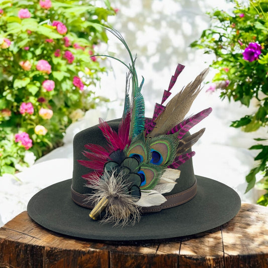 Cerise Pink, Wine, Teal & Natural Feather Hat Pin (CFP785)