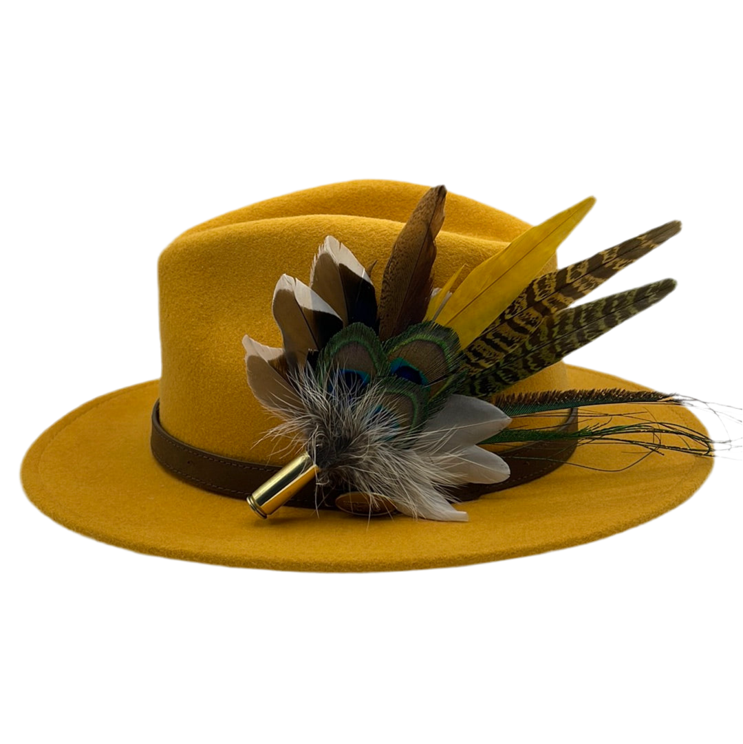 Peacock, Mustard & Natural Feather Hat Pin (CFP338)