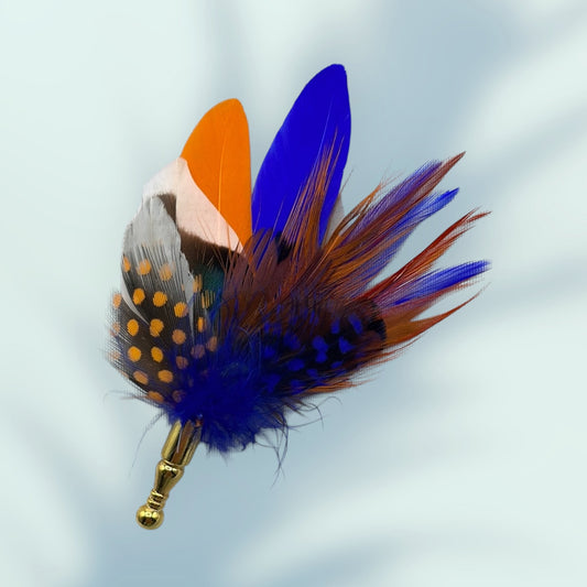 Royal Blue & Orange Feather Lapel Pin in a Gold Clasp (CFLP114)
