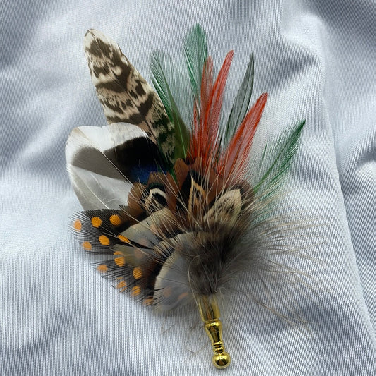Rust, Green, Orange & Natural Feather Lapel Pin (CFLP084)