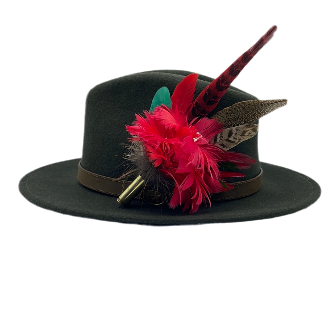 Red, Green & Natural Feather Hat Pin (CFP407)