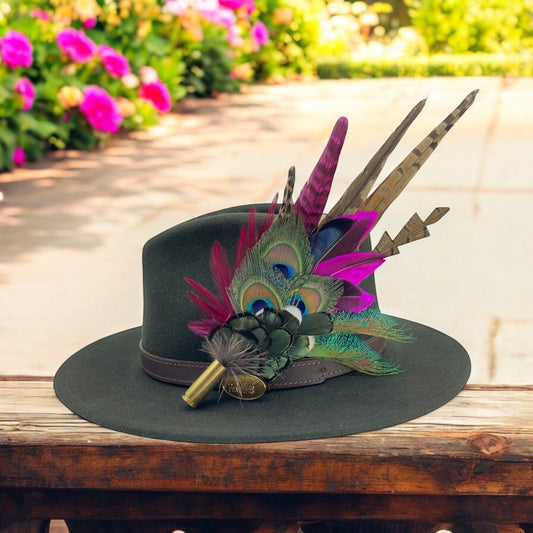Teal, Cerise Pink & Natural Feather Hat Pin (CFP788)