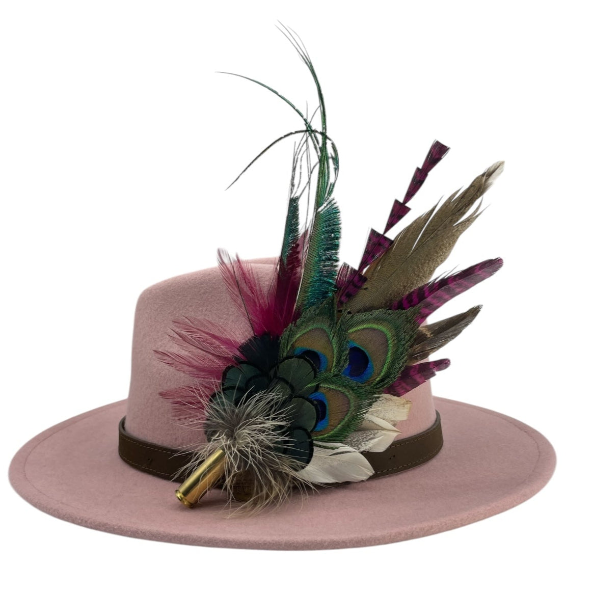Cerise Pink, Wine, Teal & Natural Feather Hat Pin (CFP785)
