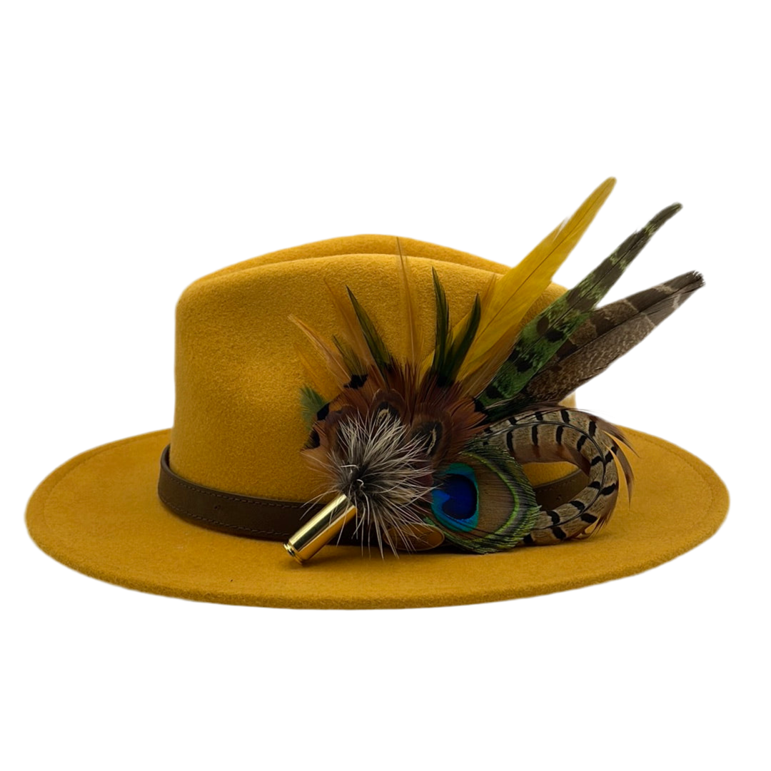 Peacock, Mustard & Natural Feather Hat Pin (CFP337)