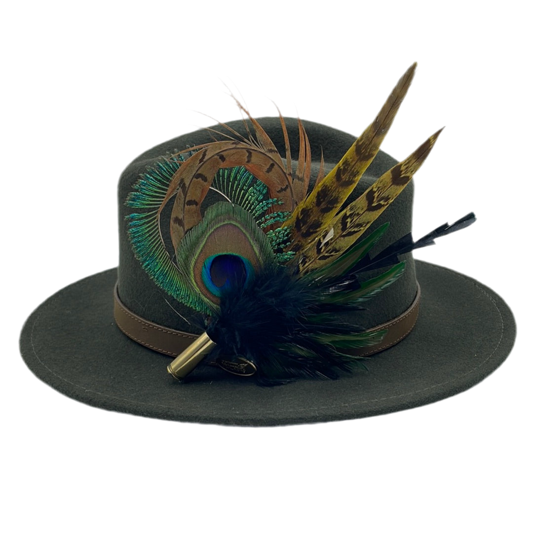 Peacock, Green, Black & Natural Feather Hat Pin (CFP388)