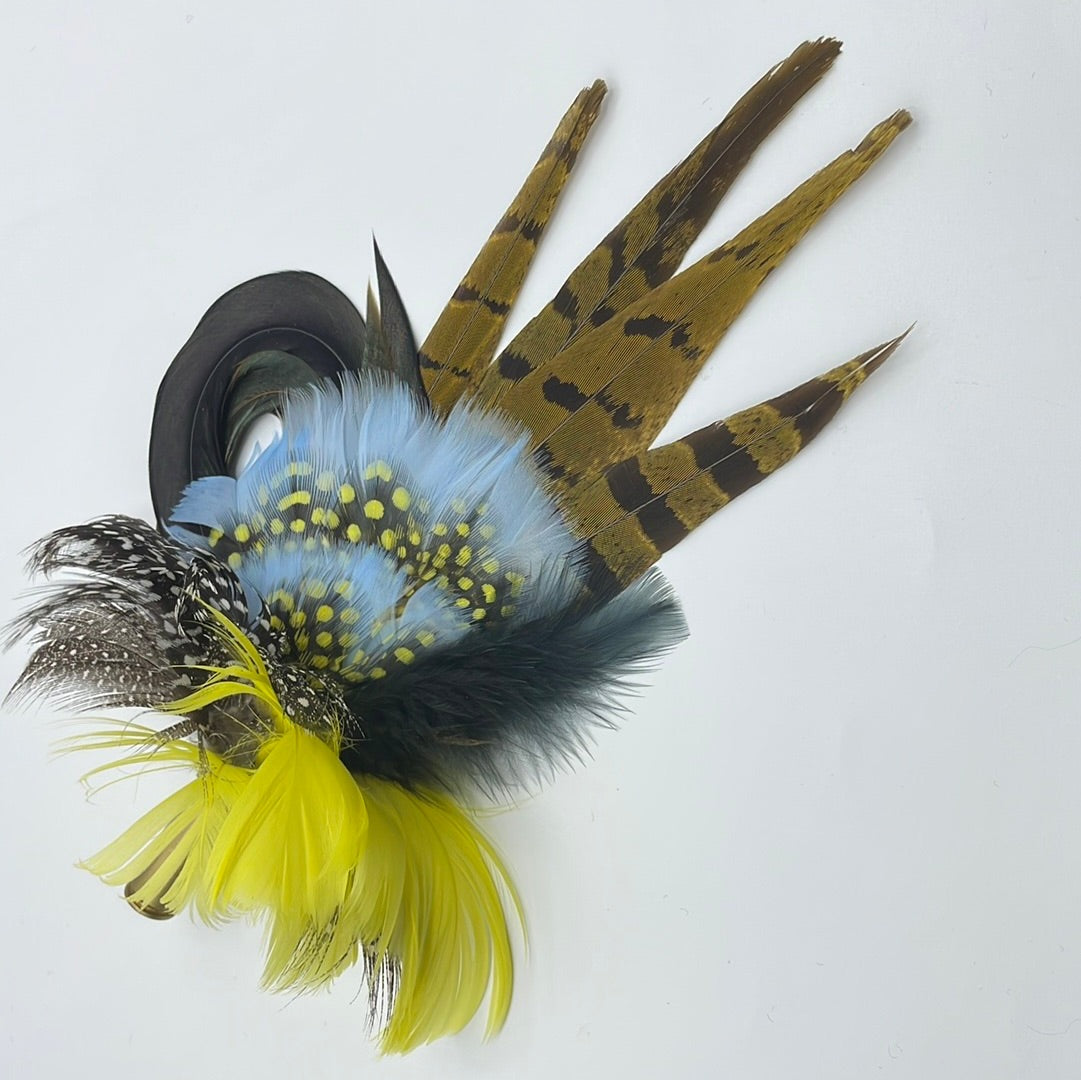 Light Blue, Yellow & Natural Feather hat Pin (CFP327)  - Reduced Ex-Display