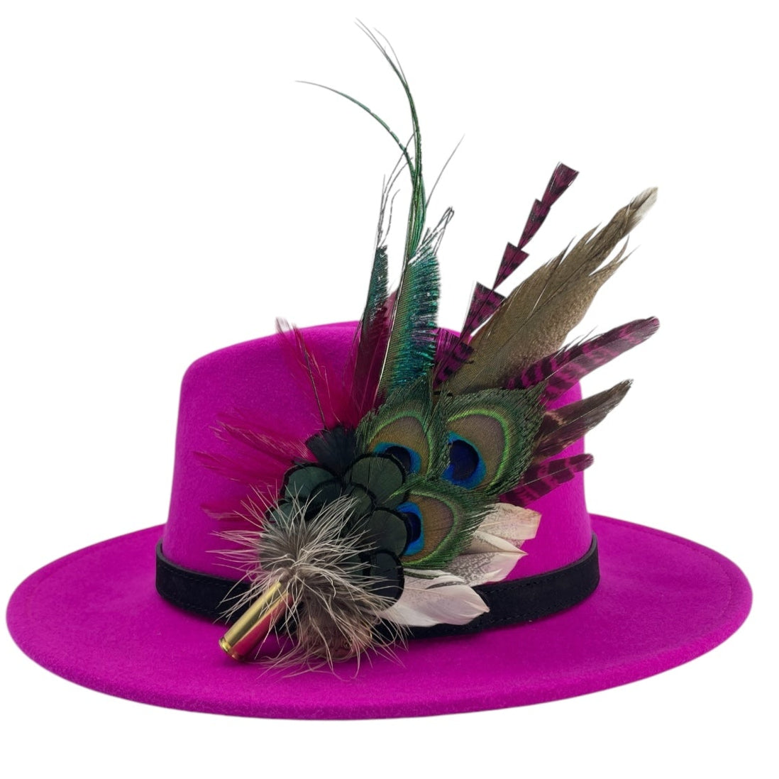 Cerise Pink, Wine, Teal & Natural Feather Hat Pin (CFP785)
