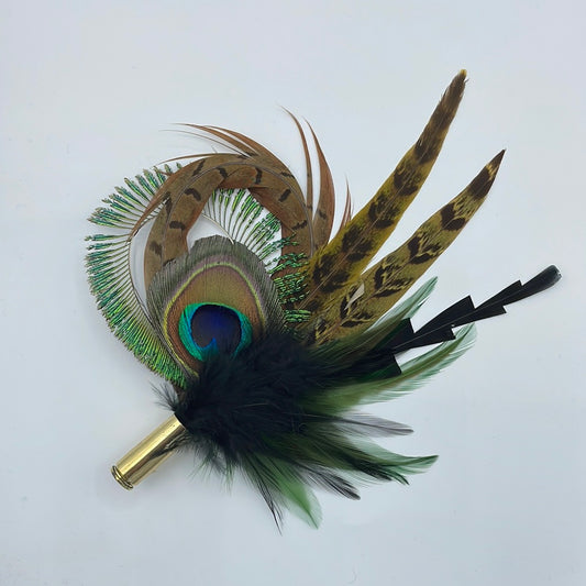 Peacock, Green & Natural Feather Hat Pin (CFP388)