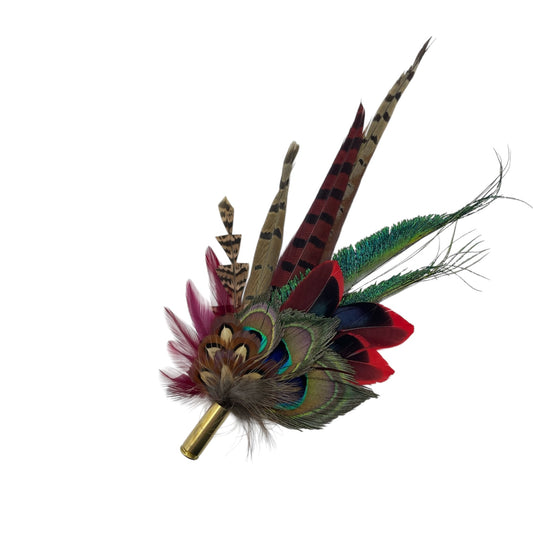 Red, Teal & Natural Feather Hat Pin (CFP790)