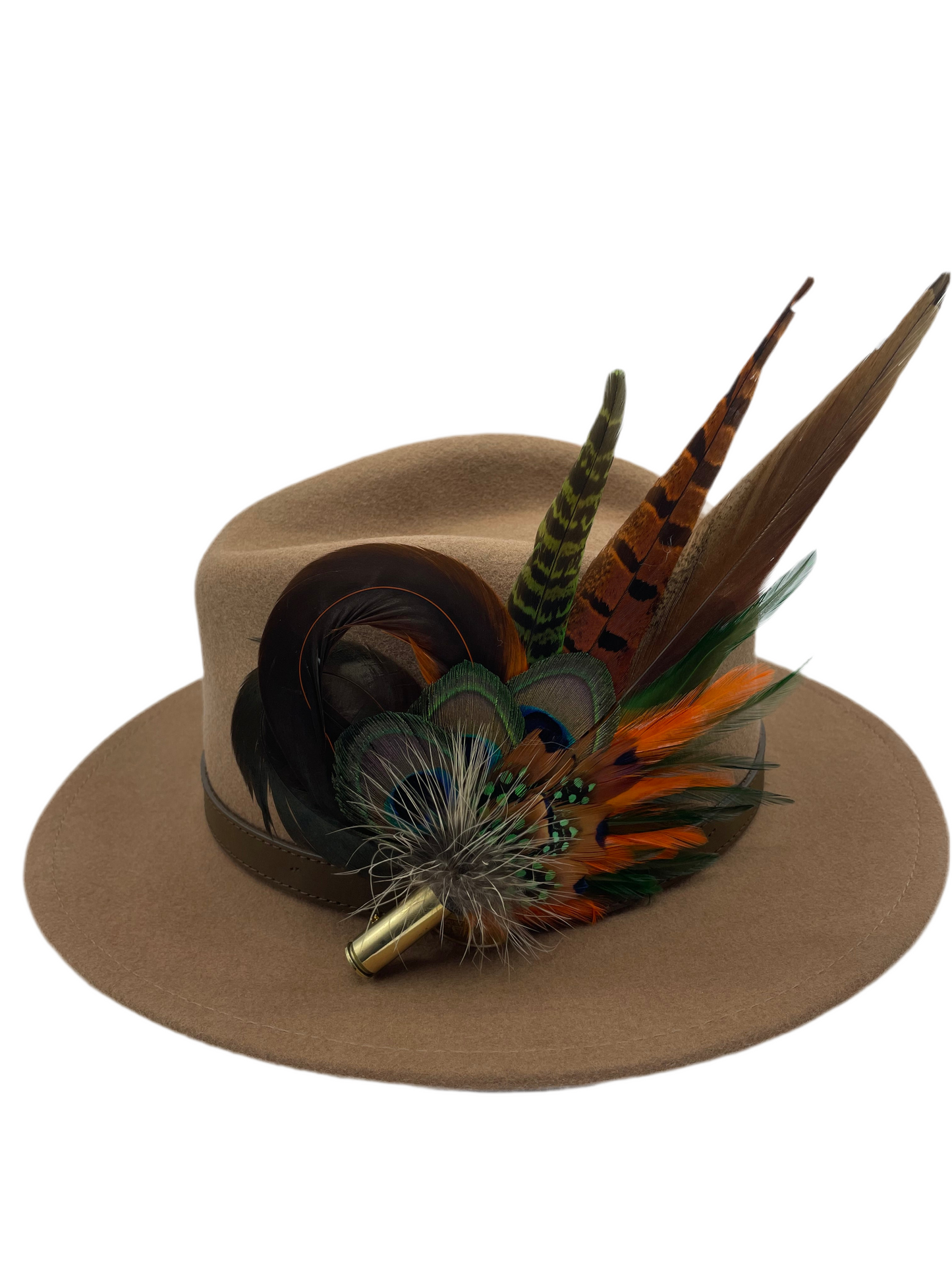 Peacock, Rust, Green & Natural Feather Hat Pin (CFP373)