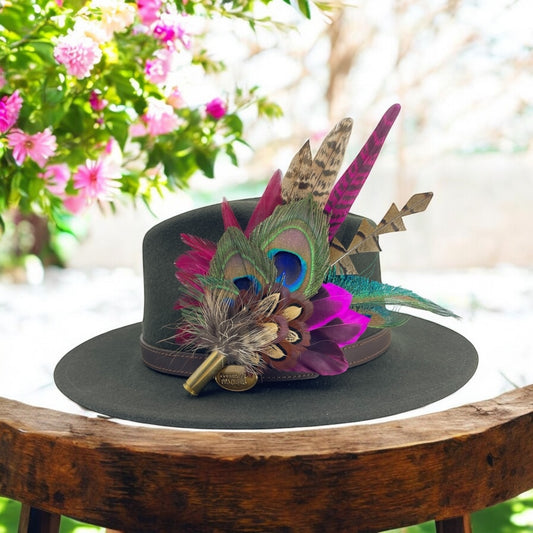 Teal, Cerise Pink, Wine & Natural Feather Hat Pin (CFP787)