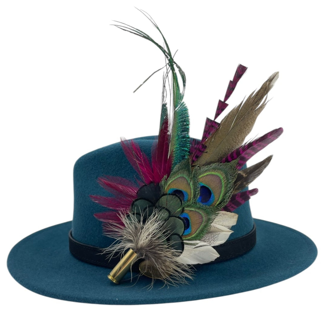 Cerise Pink, Wine, Teal & Natural Feather Hat Pin (CFP785)