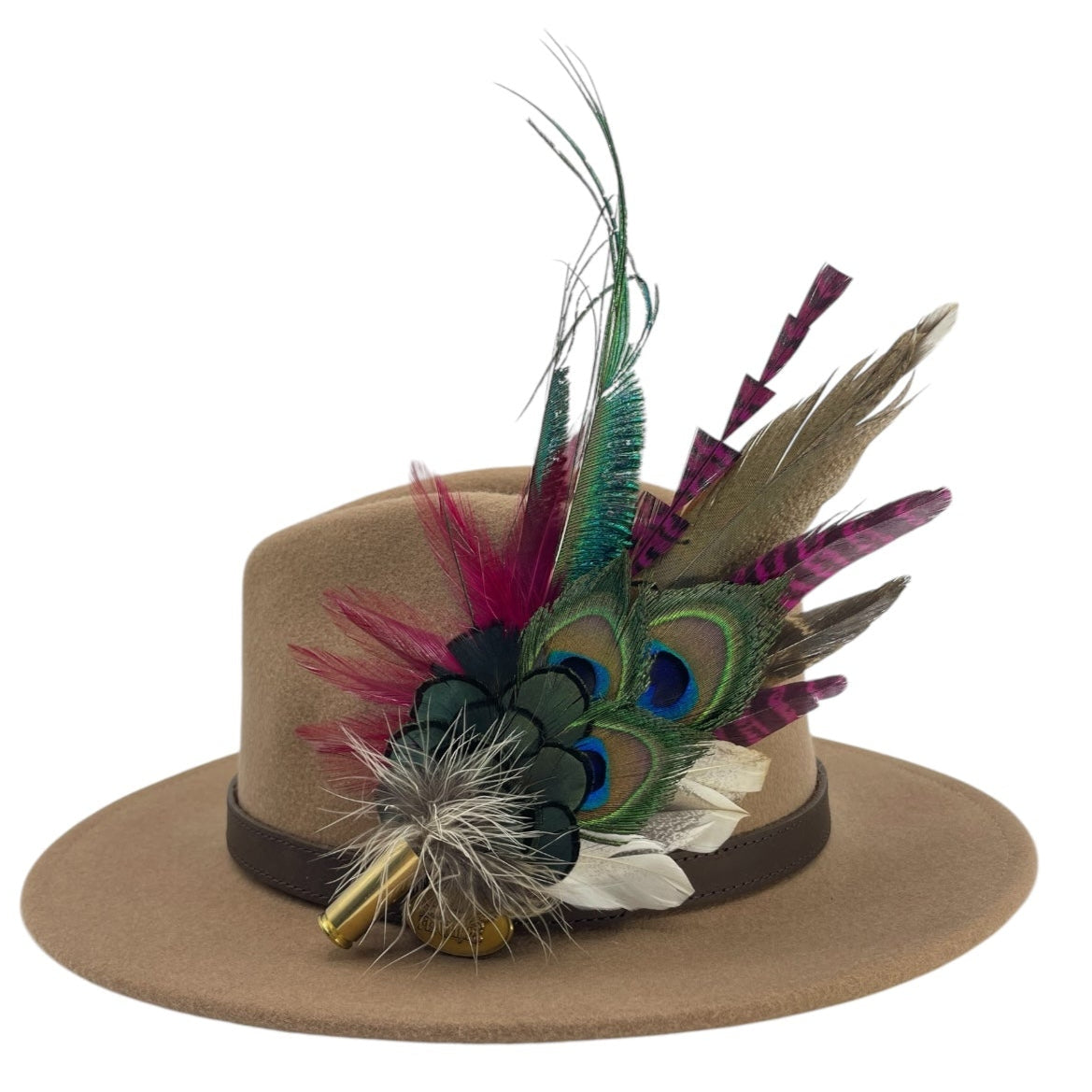 Cerise Pink, Wine, Teal & Natural Feather Hat Pin (CFP785)