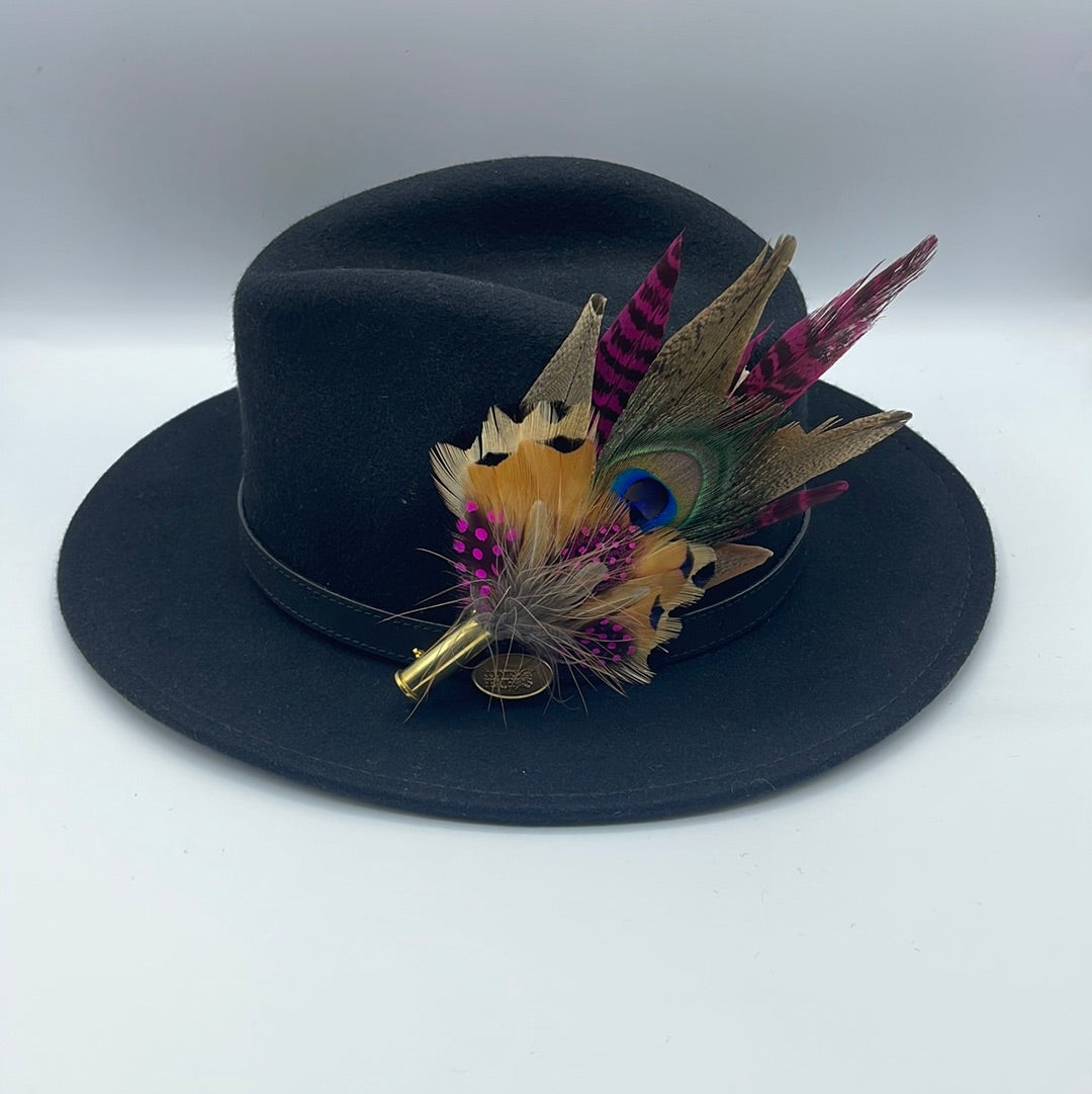 Peacock, Cerise, Black & Natural Feather Pin (CFP461)