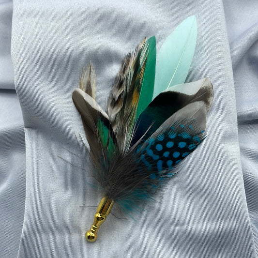 Aqua, Green, Blue & Natural Feather Lapel Pin (CFLP101)