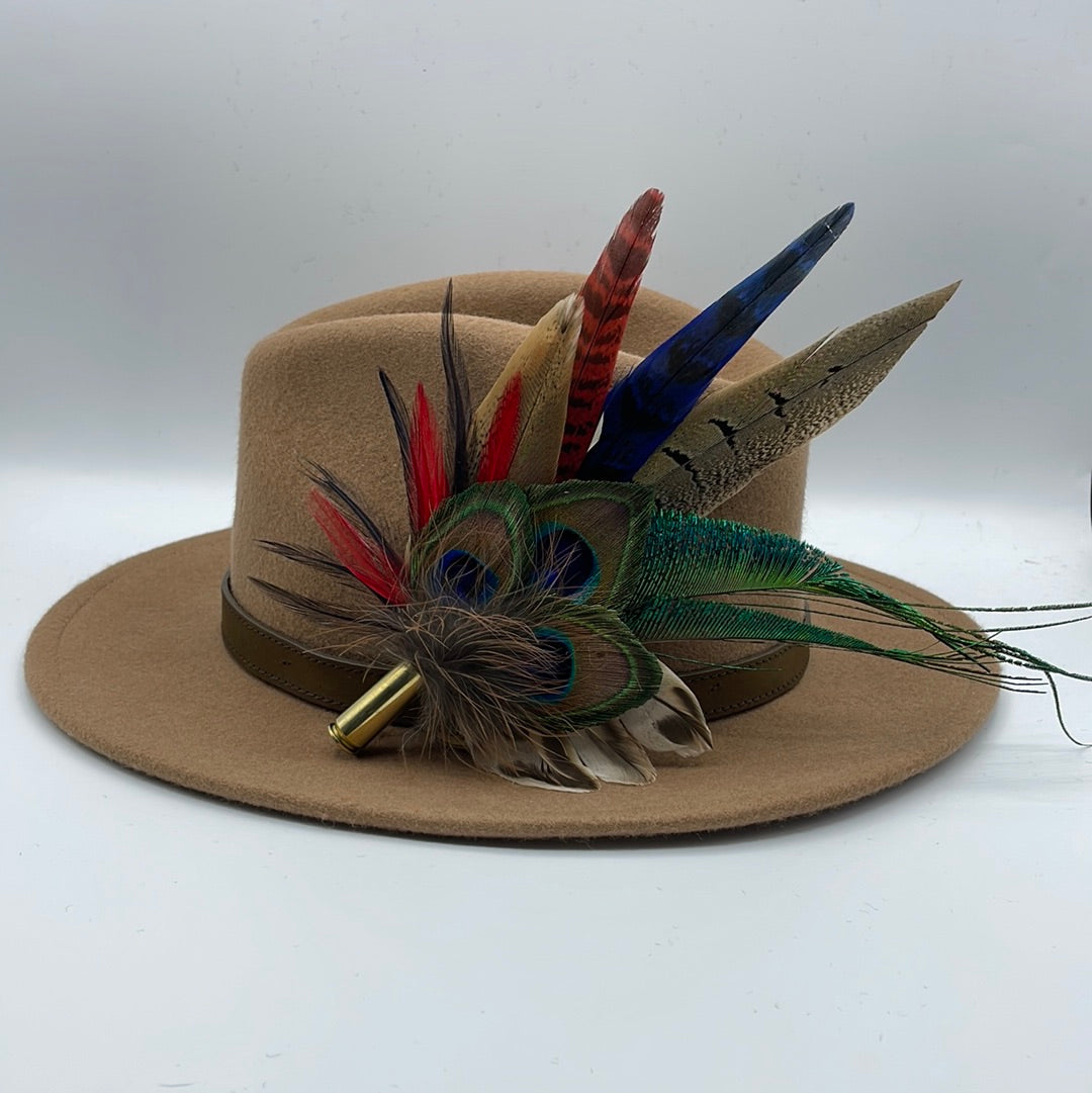 Peacock, Red, Navy & Natural Feather Hat Pin (CFP446)
