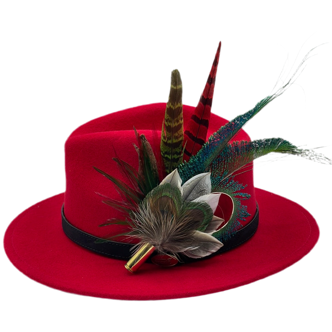 Peacock, Wine, Red & Natural Feather Hat Pin (CFP351)