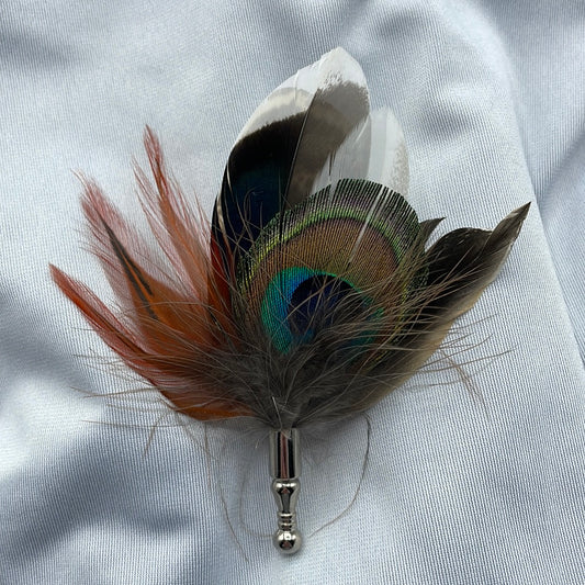 Peacock, Rust & Natural Feather Lapel Pin (CFLP078)