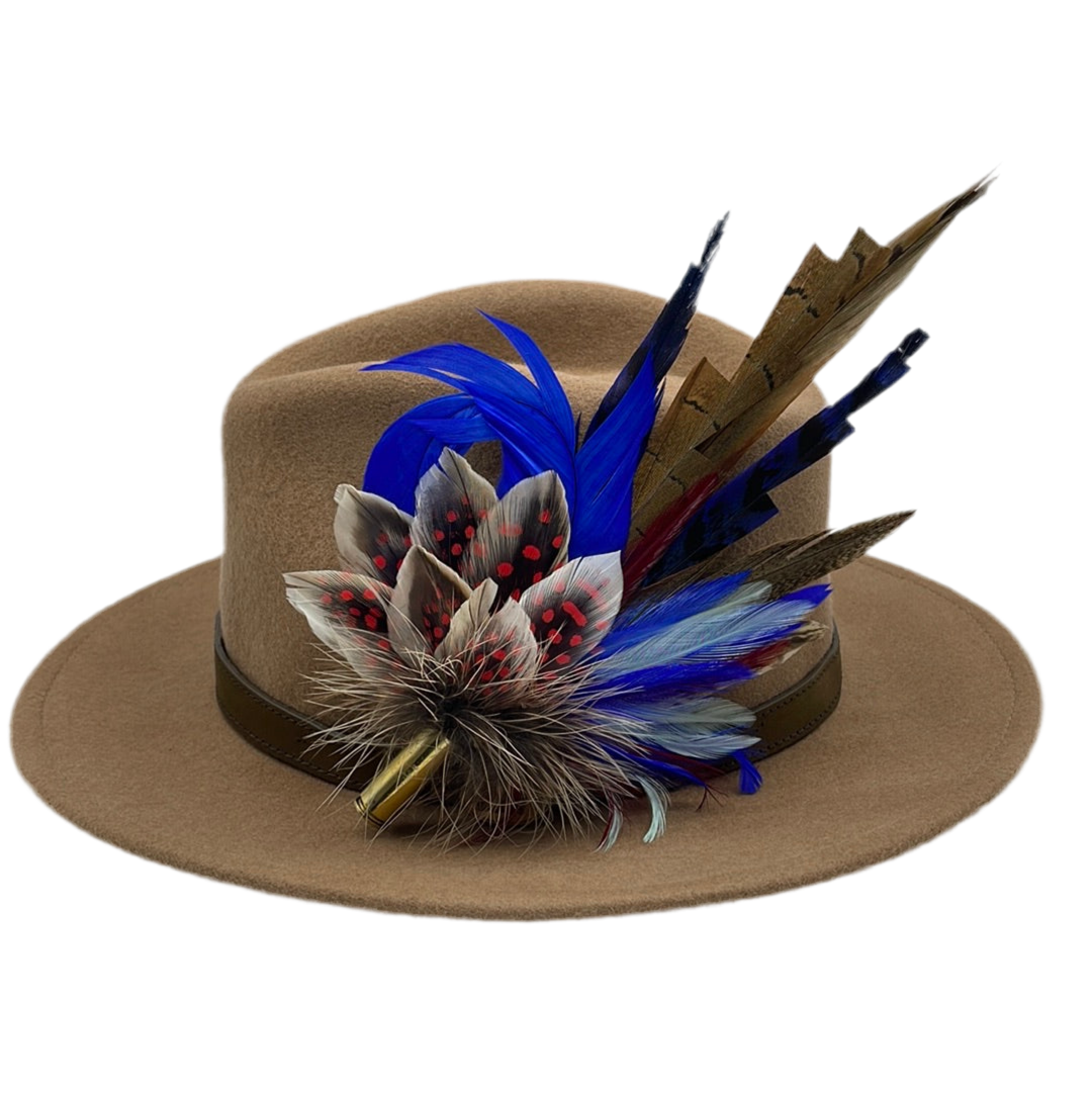 Blue, Red & Natural Feather Hat Pin (CFP395)