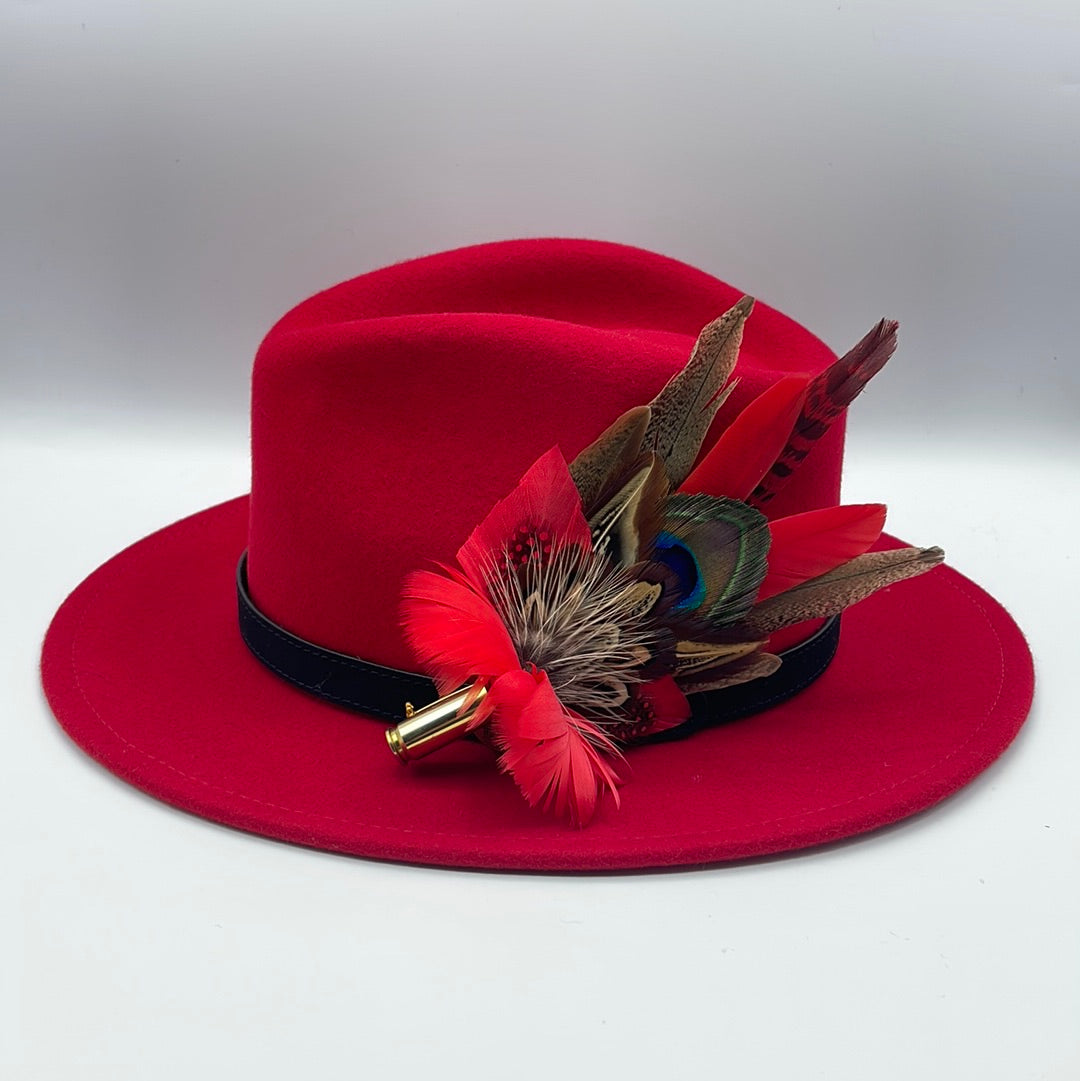 Peacock, Red & Natural Feather Hat Pin (CFP473)