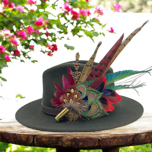 Red, Teal & Natural Feather Hat Pin (CFP790)