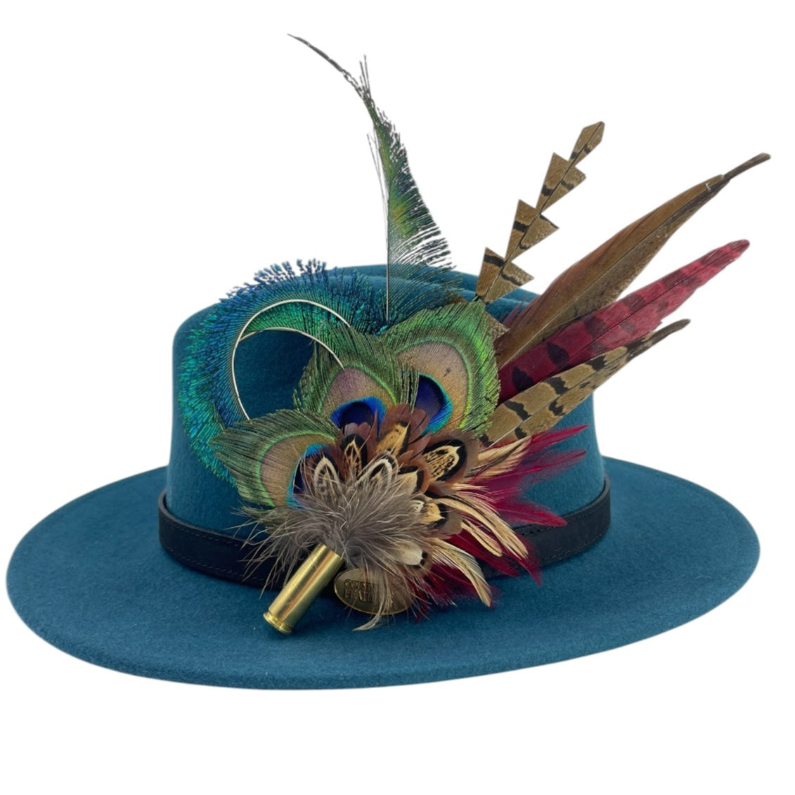 Teal, Deep Red & Natural Feather Hat Pin (CFP786)