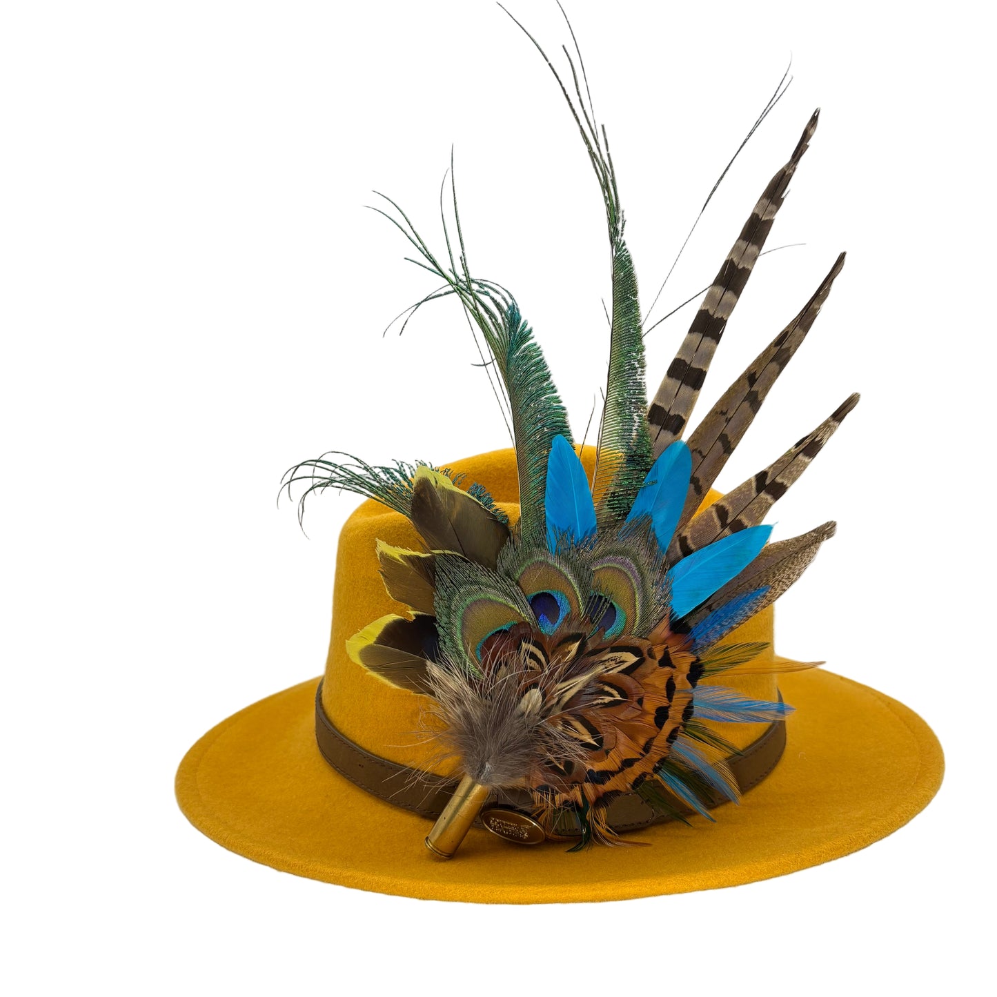 Teal, gold yellow & natural Feather Hat Pin (CFP801)