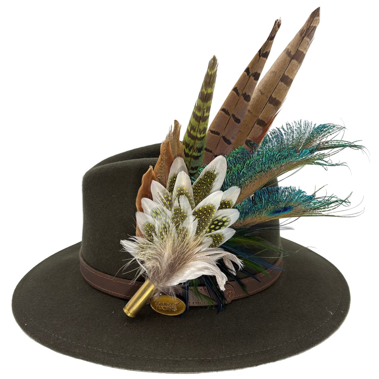 Olive green, teal, white & brown Feather Hat Pin (CFP802)