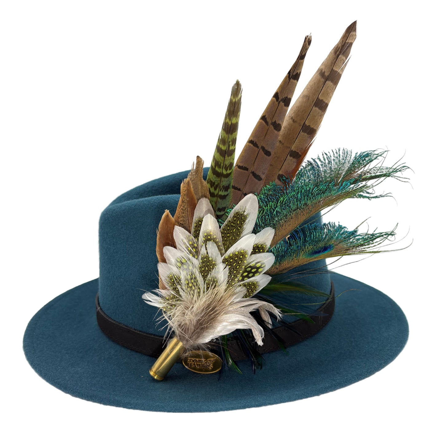 Olive green, teal, white & brown Feather Hat Pin (CFP802)