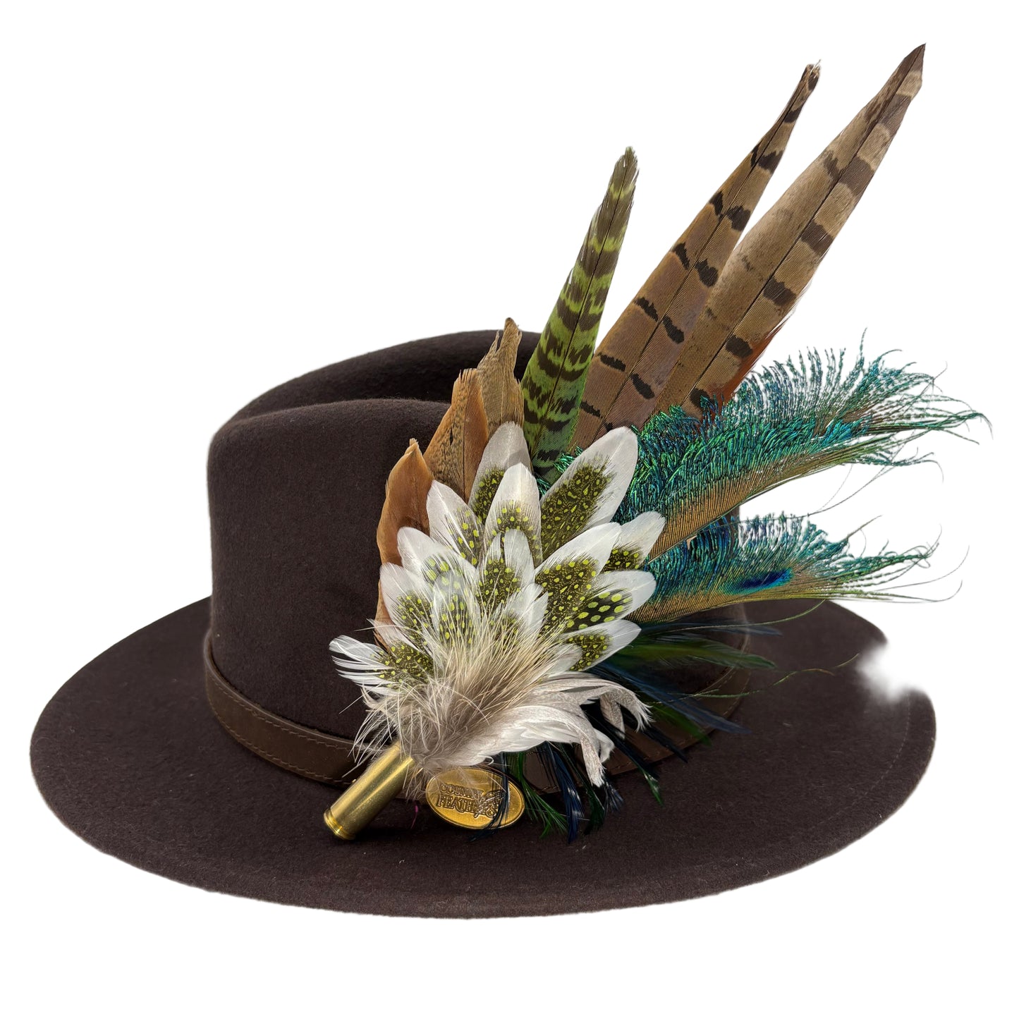 Olive green, teal, white & brown Feather Hat Pin (CFP802)