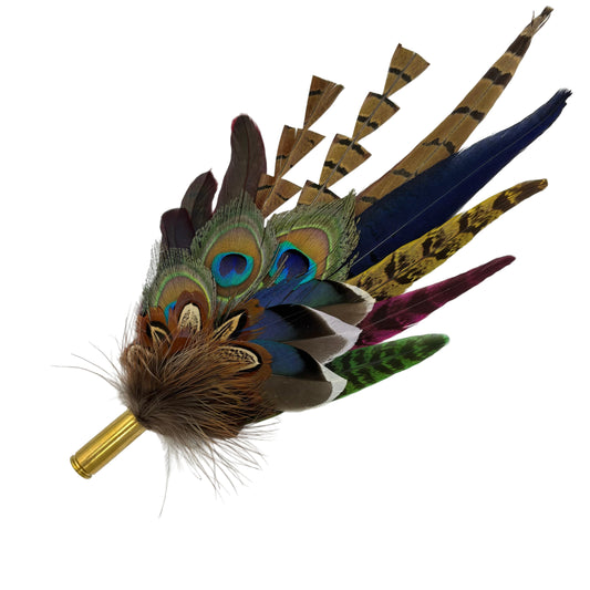 Navy, cerise pink, gold, green & natural Feather Hat Pin (CFP804)