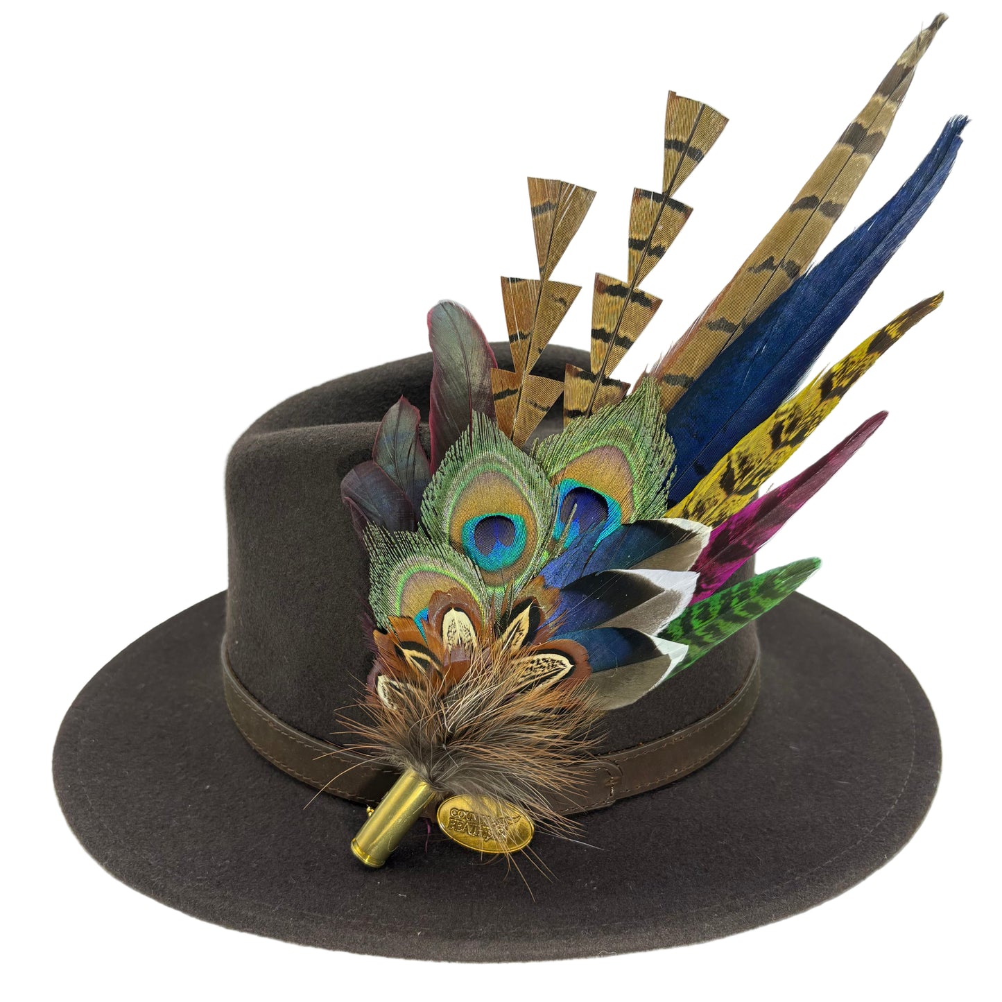 Navy, cerise pink, gold, green & natural Feather Hat Pin (CFP804)