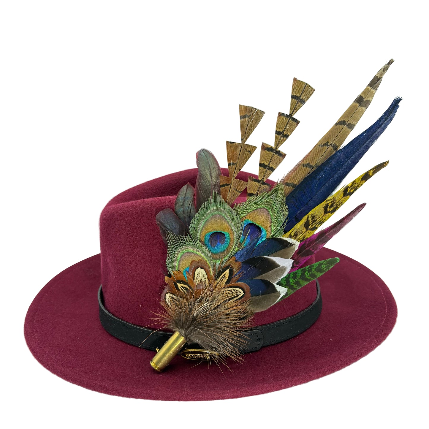 Navy, cerise pink, gold, green & natural Feather Hat Pin (CFP804)