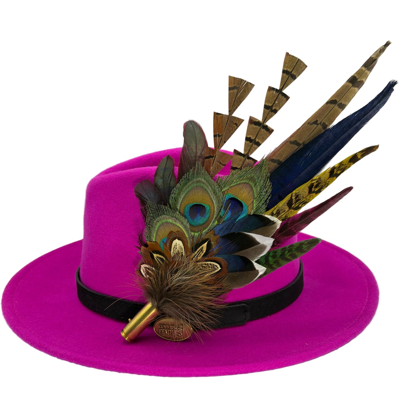 Navy, cerise pink, gold, green & natural Feather Hat Pin (CFP804)