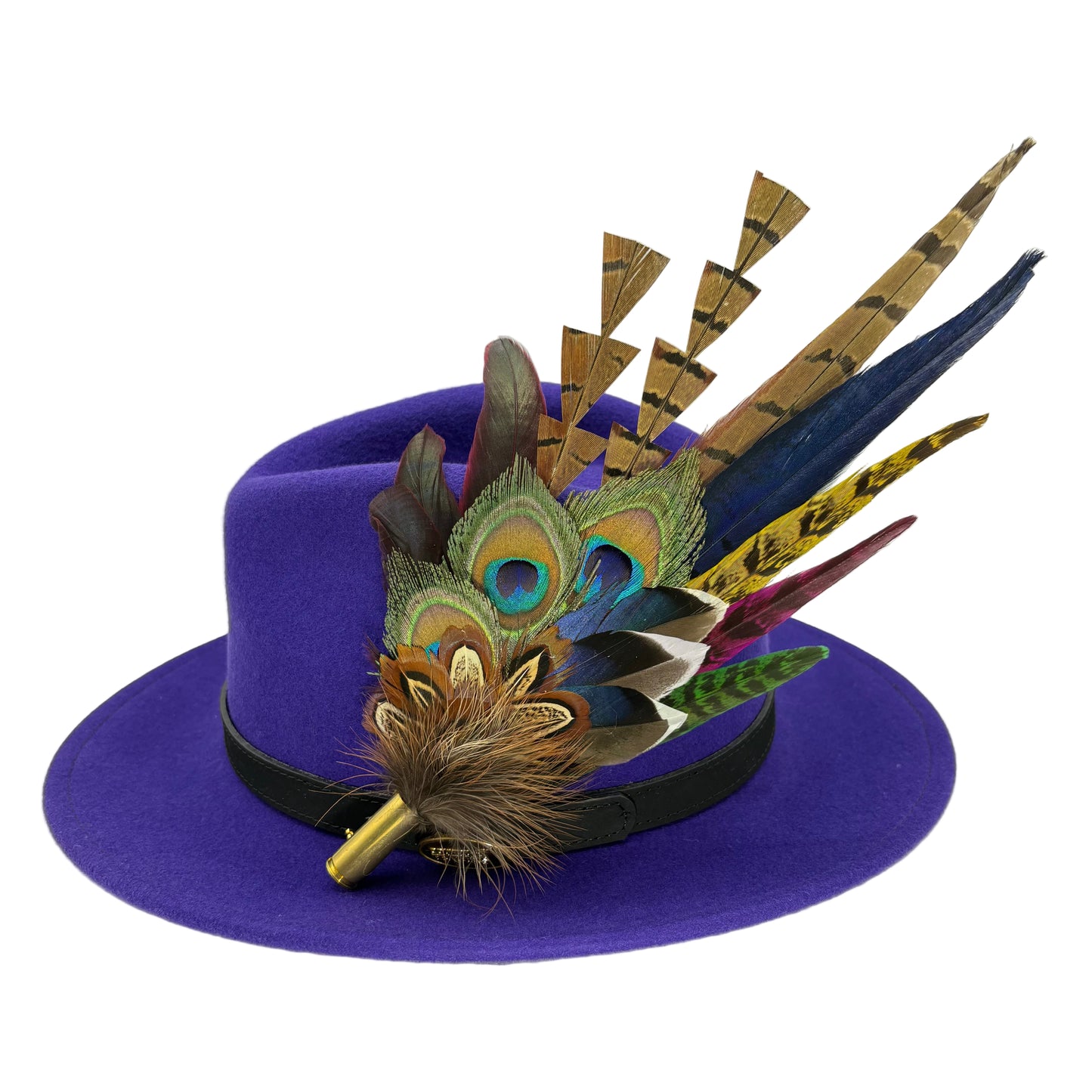 Navy, cerise pink, gold, green & natural Feather Hat Pin (CFP804)