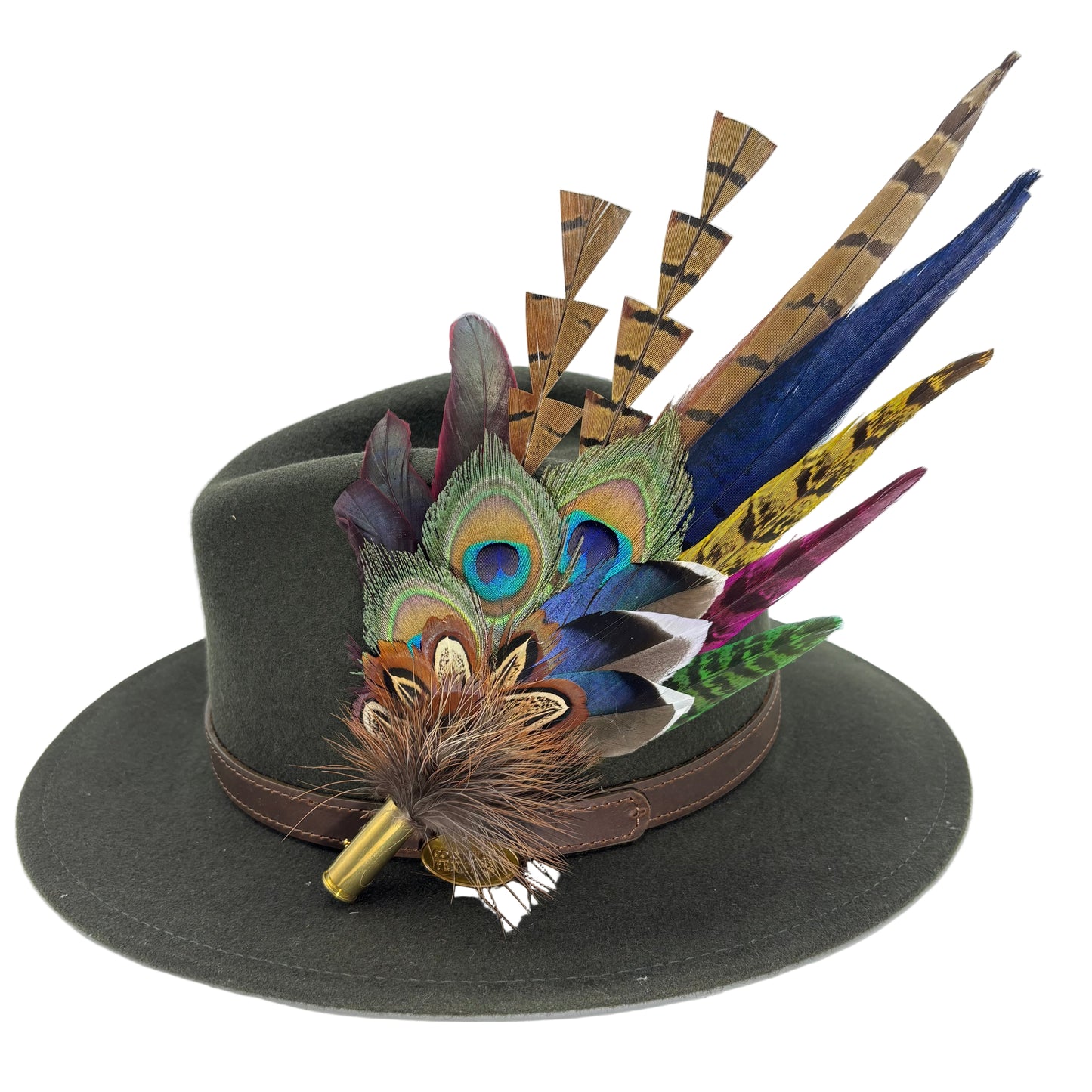 Navy, cerise pink, gold, green & natural Feather Hat Pin (CFP804)
