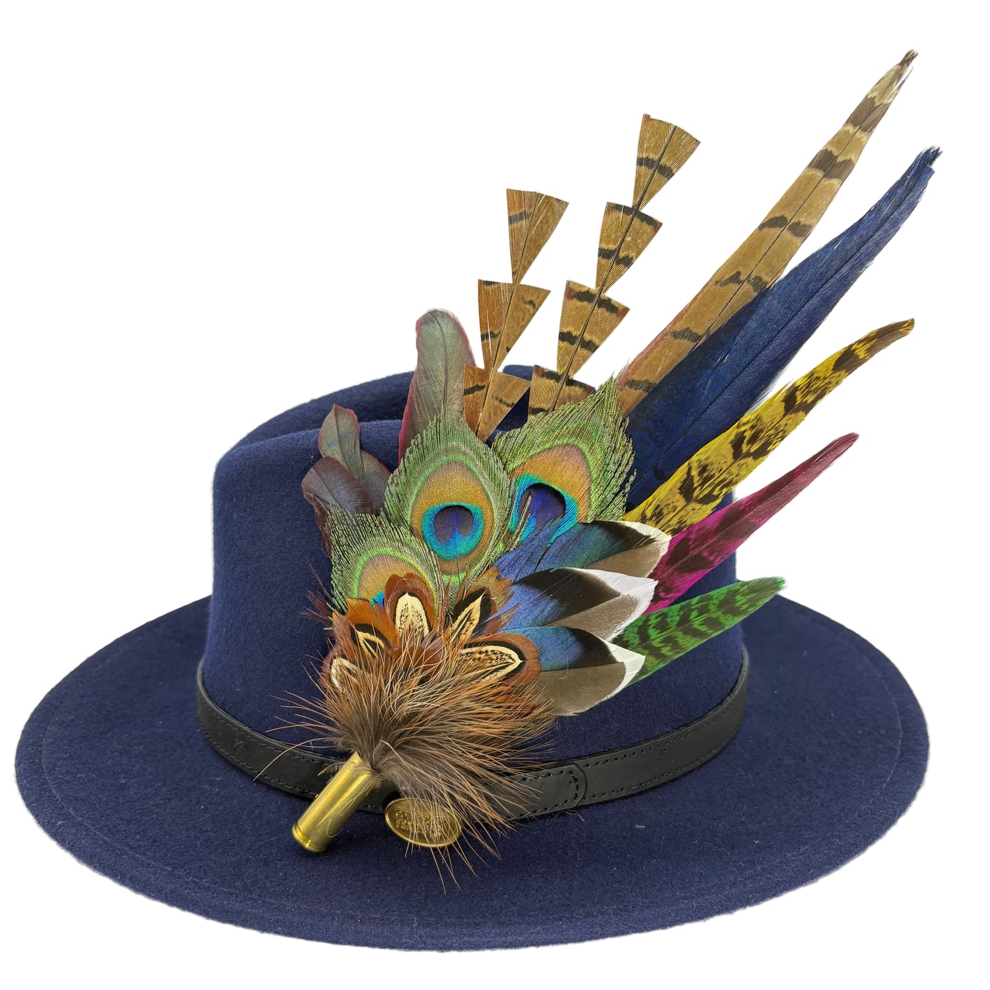 Navy, cerise pink, gold, green & natural Feather Hat Pin (CFP804)
