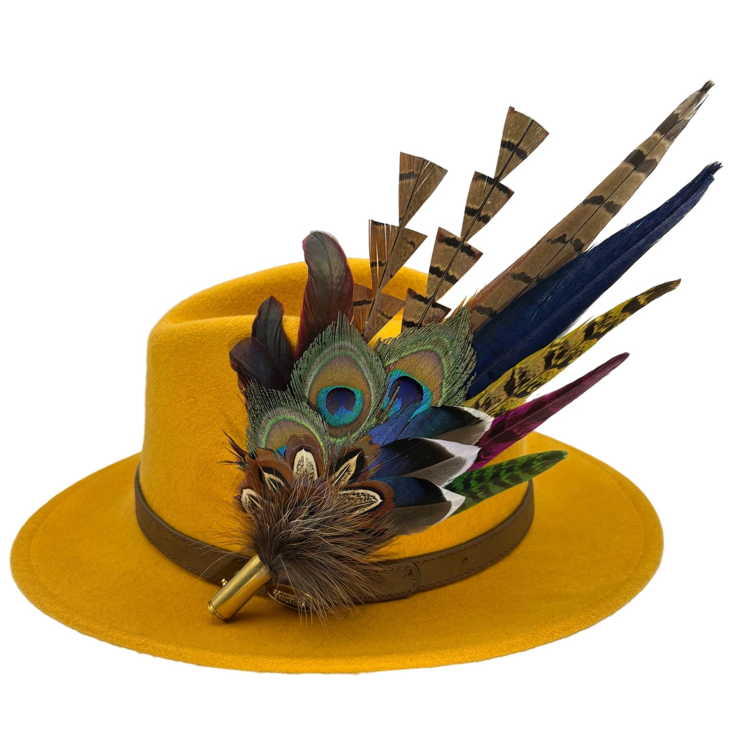 Navy, cerise pink, gold, green & natural Feather Hat Pin (CFP804)