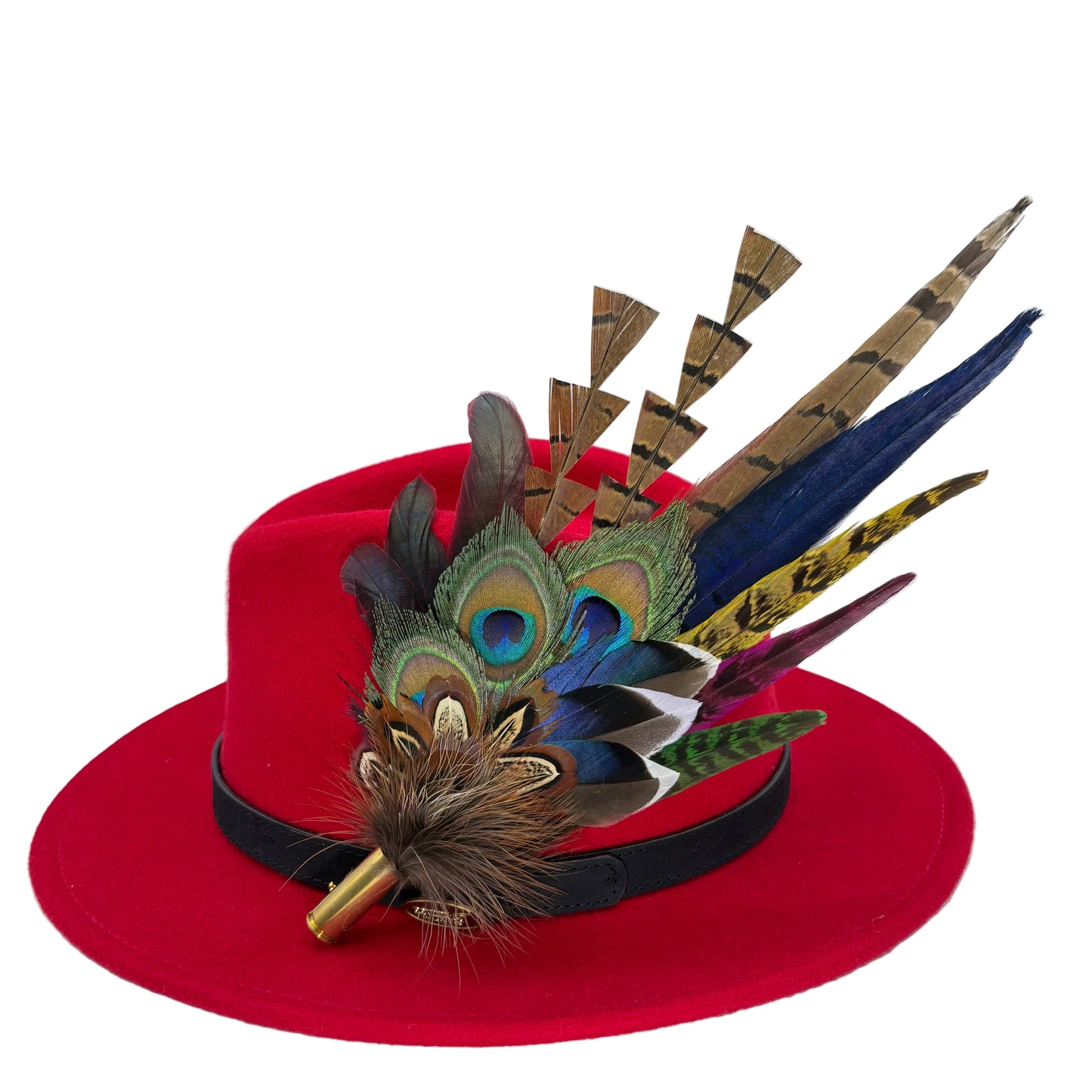 Navy, cerise pink, gold, green & natural Feather Hat Pin (CFP804)
