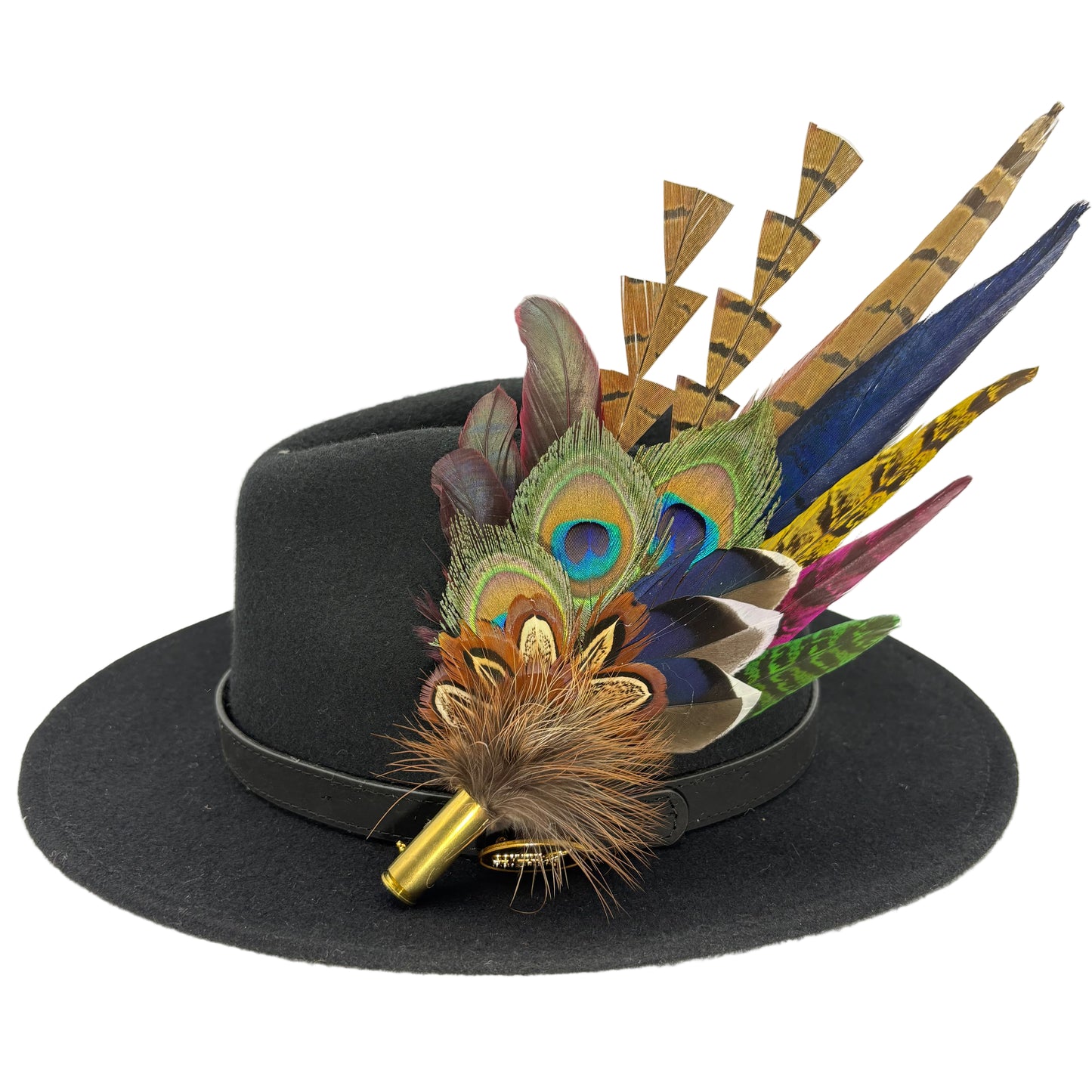 Navy, cerise pink, gold, green & natural Feather Hat Pin (CFP804)