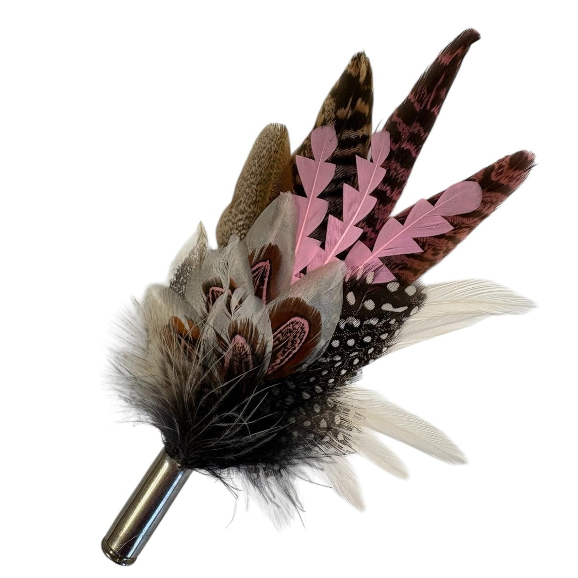 Light Pink, Black, White and Natural Feather Hat Pin (CFP842)