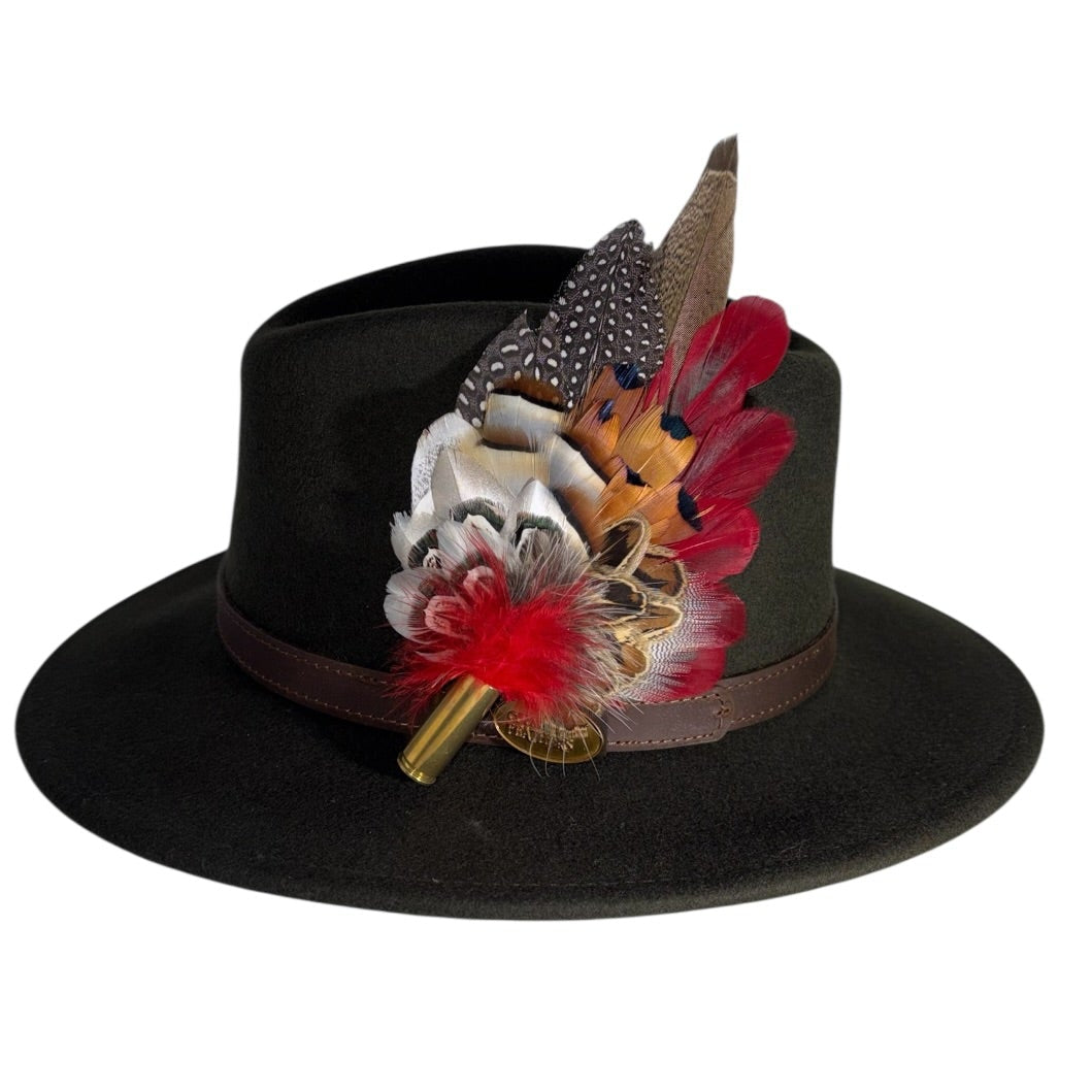 Deep Red, Black, White and Natural Feather Hat Pin (CFP845)