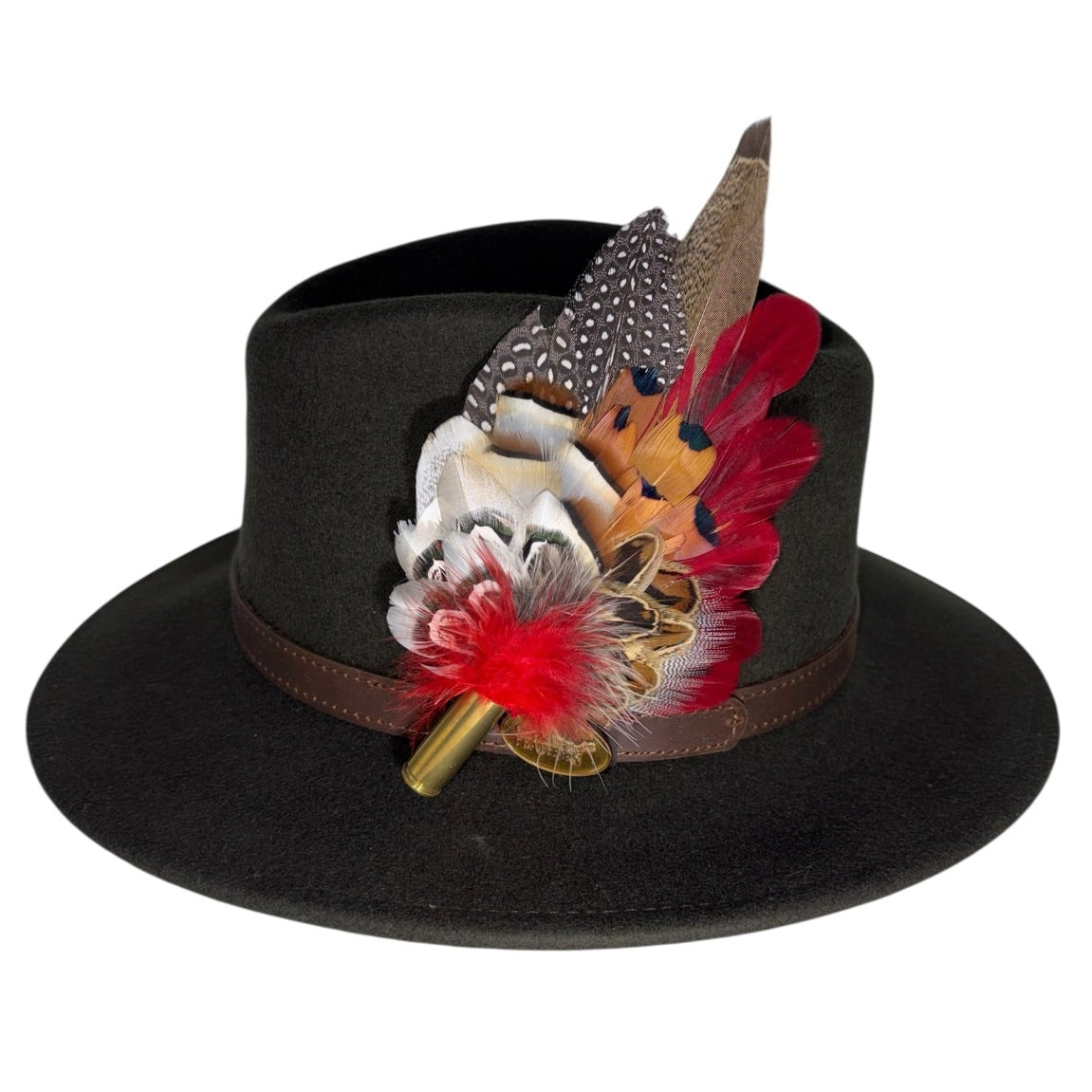 Deep Red, Black, White and Natural Feather Hat Pin (CFP845)