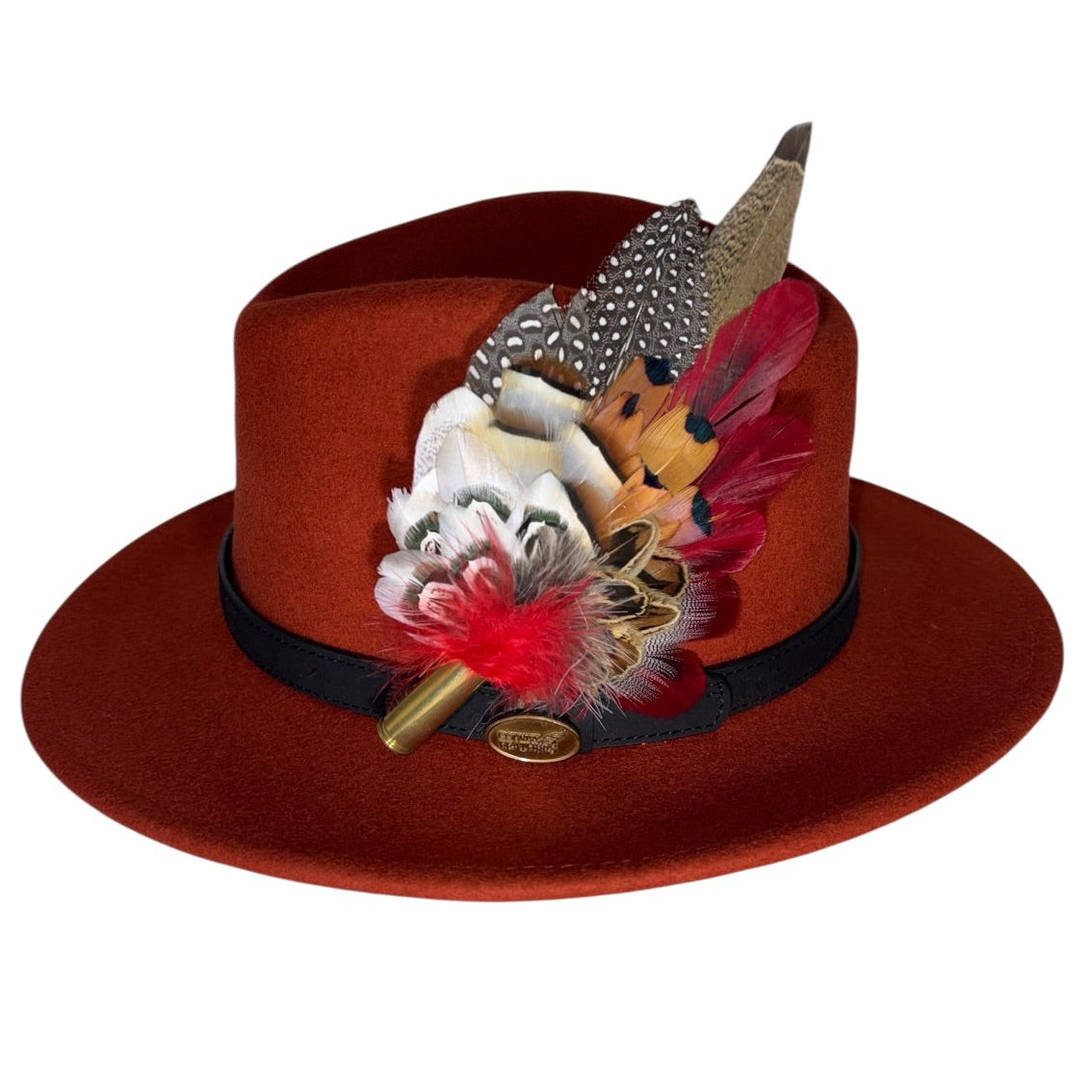 Deep Red, Black, White and Natural Feather Hat Pin (CFP845)