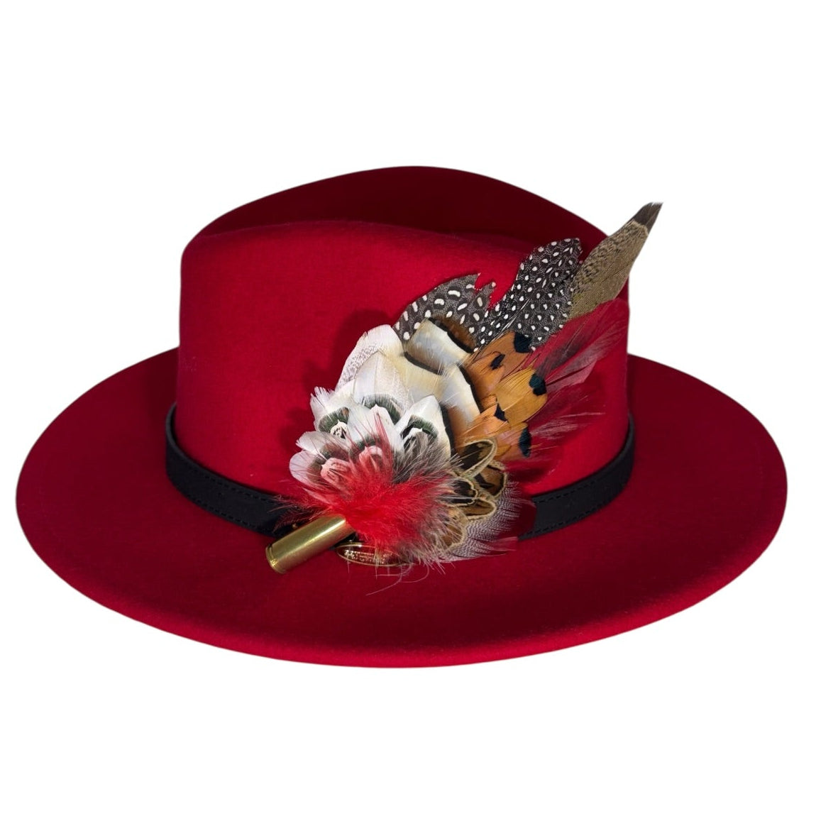 Deep Red, Black, White and Natural Feather Hat Pin (CFP845)